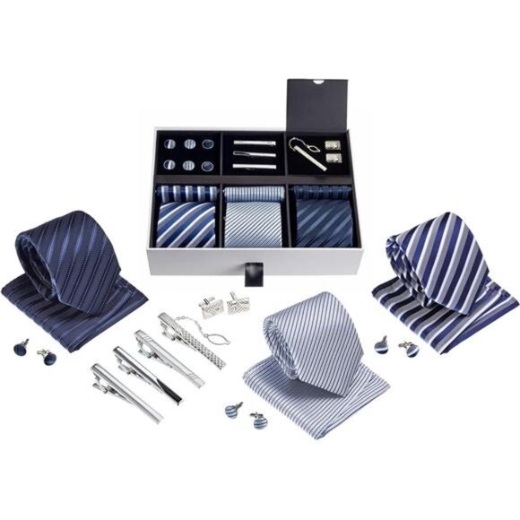 Premium Men’s Gift Tie Set Silky Necktie Pocket Squares Tie Clips Cufflinks - Picture 1 of 8
